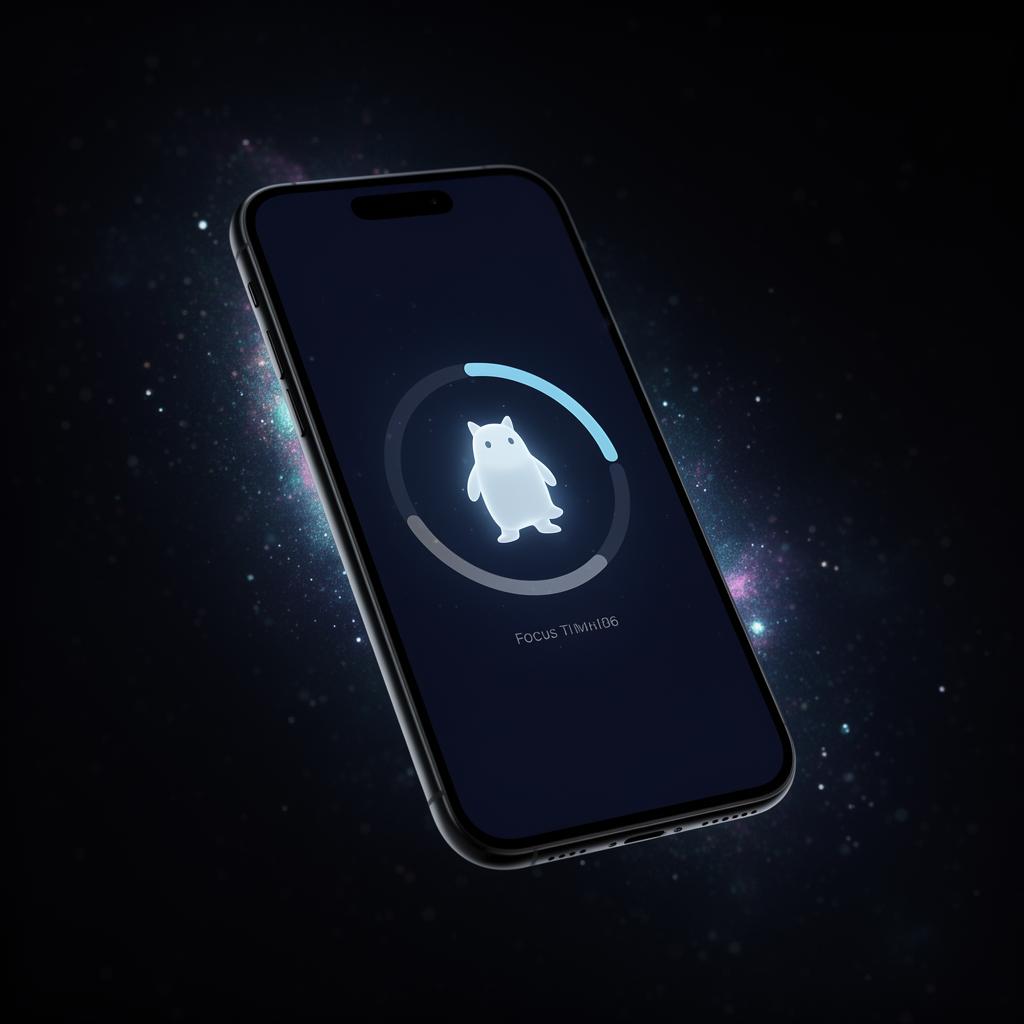 Focusdex app on iPhone showing a focus session in progress with a glowing creature